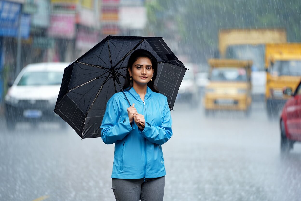 Rainette founder with umbrella